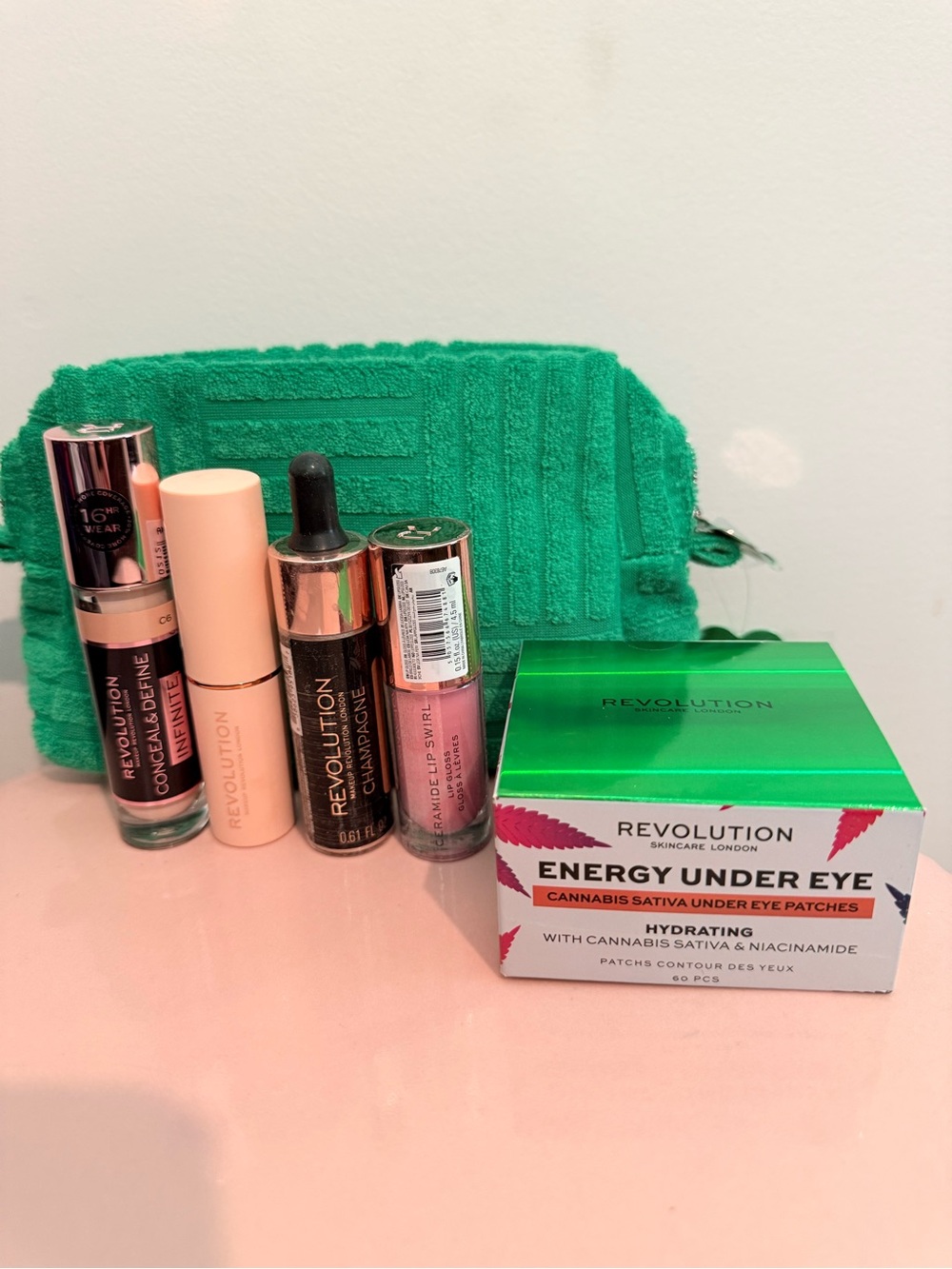 Revolution Makeup Set with Green Pouch and Pink Accents